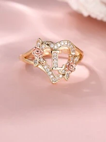 1 件时尚经典心形方晶锆石和字母细节戒指适合女性日常佩戴，时尚派对聚会配件情人节 - 玫瑰金 - 查看 10
