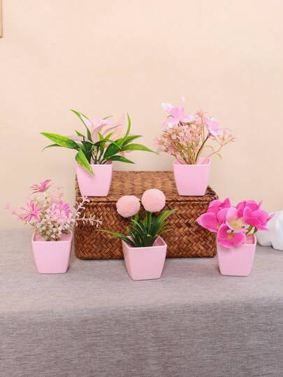 1 pieza Planta simulada en maceta/Set de 5 macetas combinadas para decorar el hogar, el porche, el dormitorio, el baño, el estante de libros, el alféizar de la ventana, decoración mini linda rosa para fiesta, Día de San Valentín, regalo