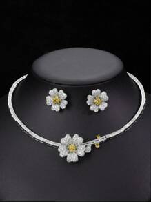 1 set de col et boucles d"oreilles de 3 pièces, bijoux haut de gamme pour fête de mariage avec décoration de camélia pour femme en tenue de festival - fleurs - Voir 12