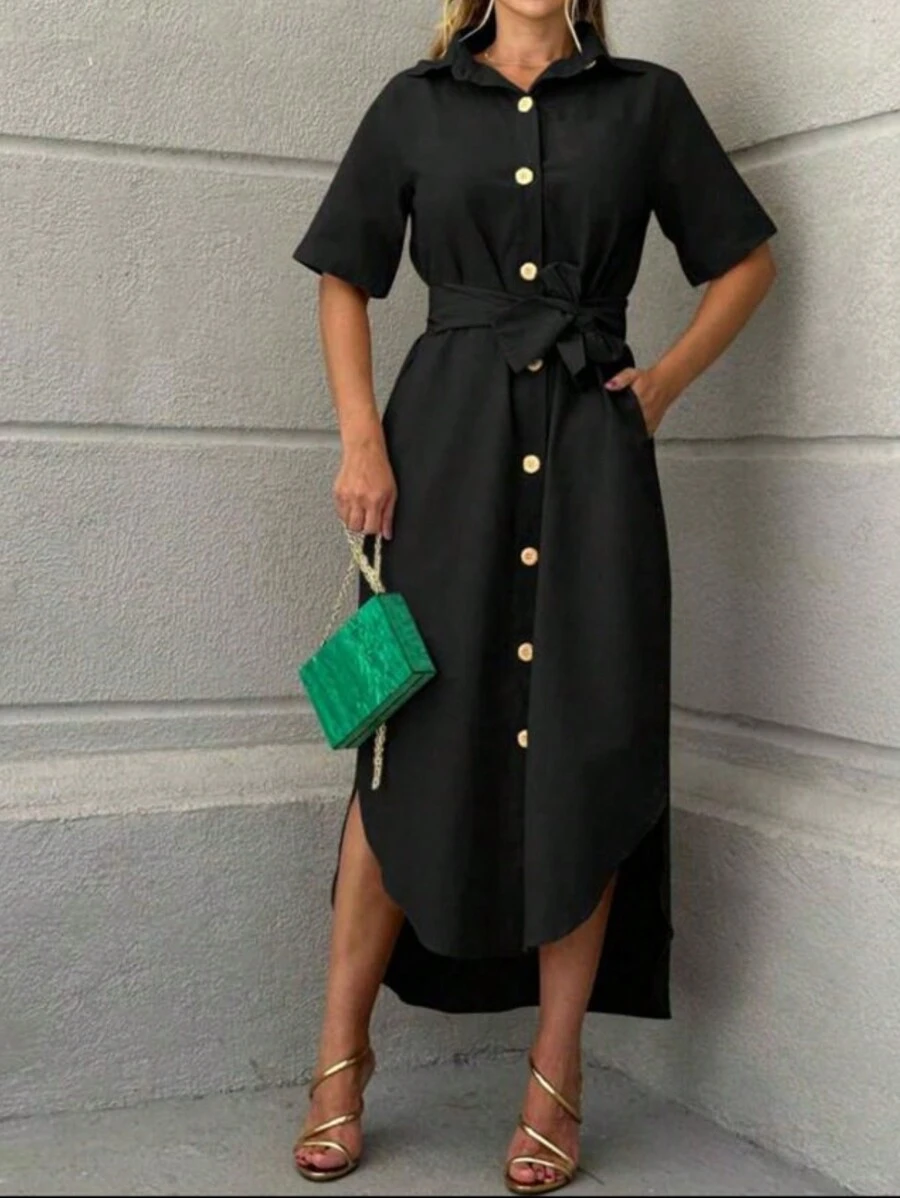 LINEN DRESS WITH BELT SUZI MODA - Black - View 1
