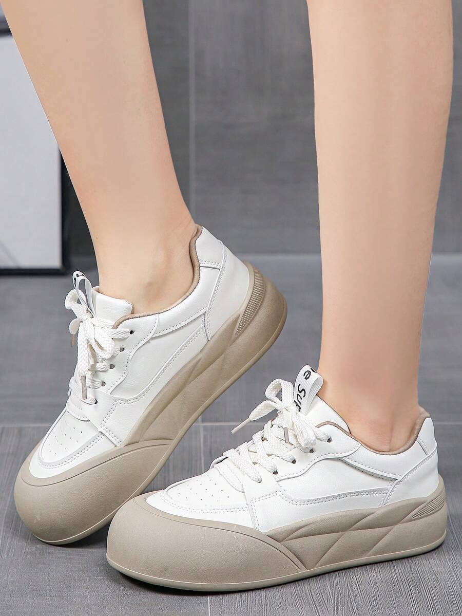 女士白色运动鞋厚底低帮圆头系带鞋皮革表面 - 杏色 - 查看 1