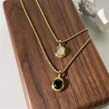 VKHK 1 Pc Vintage 18K Gold Plated Stainless Steel Black White Gem Stone Oval Pendant Necklace For Women Men Fashion Couple Jewelry Gift
