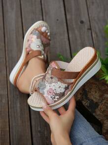 2024新款亮片楔跟女拖鞋 - 棕色 - 查看 3