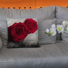 4pcs Black & Red Color Block Pillow Covers, Rose Floral Design, Digital Printed Polyester Linen-Like Material, Romantic Gift For Home Decoration & Couple (Pillow Inserts Not Included)