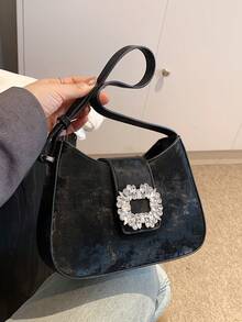 Túi đeo vai & đeo chéo nhỏ thời trang được trang trí bằng kim cương giả, làm bằng chất liệu PU & nhung, dây đeo vai có thể điều chỉnh, thích hợp đi làm và đi lại, túi đeo nách màu trơn đơn giản và thanh lịch - màu đen - Xem 6