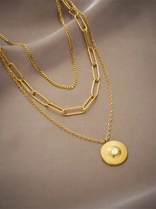1pc Gold Plated Stainless Steel Multilayer Chain Round Pendant Necklace - Gold - View 2