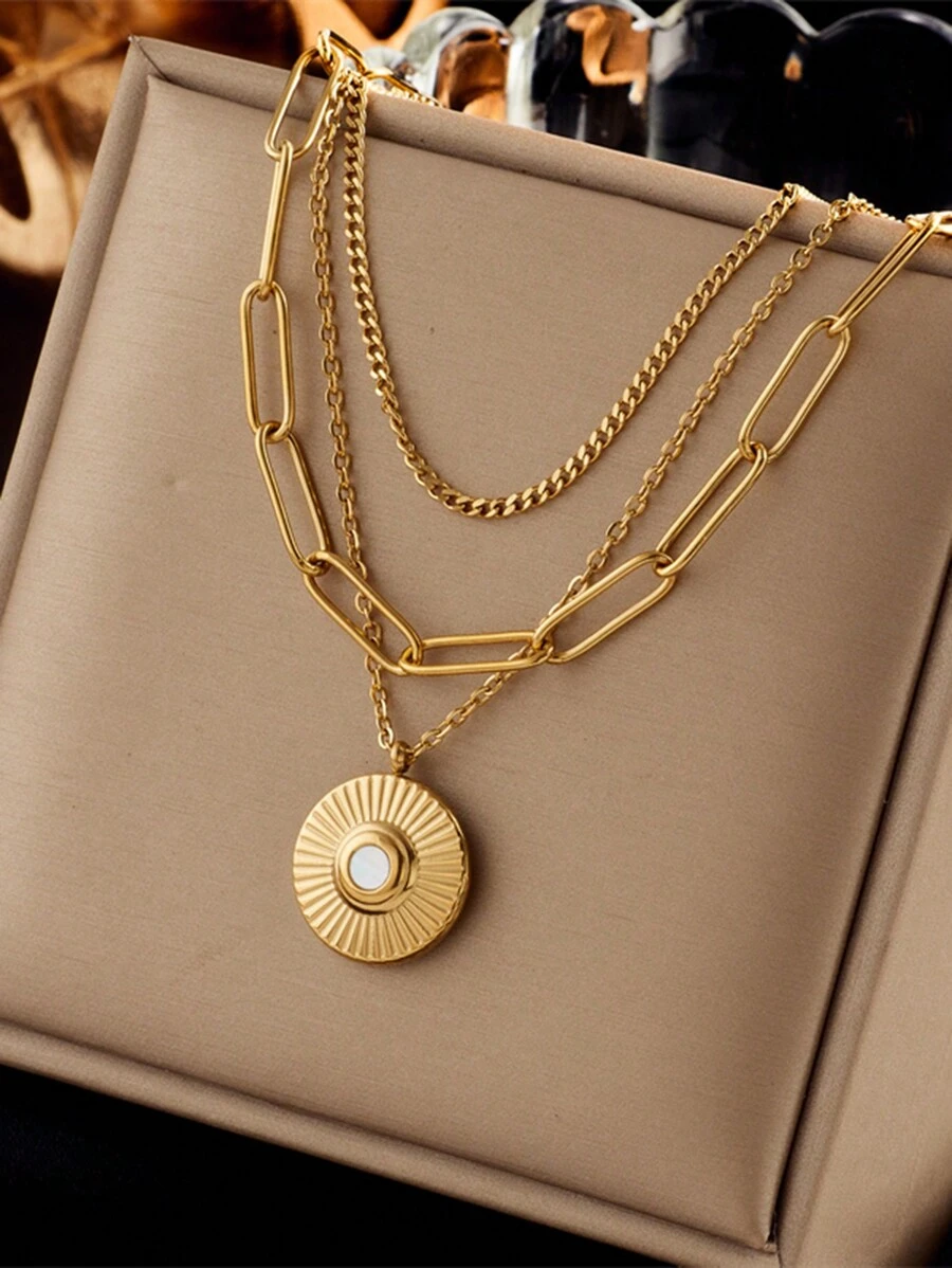 1pc Gold Plated Stainless Steel Multilayer Chain Round Pendant Necklace - Gold - View 1
