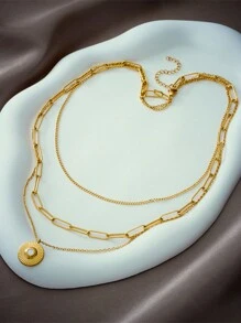 1pc Gold Plated Stainless Steel Multilayer Chain Round Pendant Necklace - Gold - View 3
