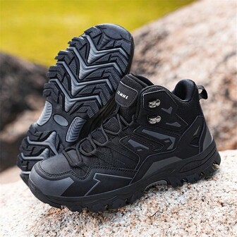 1 Pair Of Men's Athletic Shoes With Rubber Outsole, Slip-Resistant, Comfortable, Black PU, Lace-Up, Outdoor Sports Shoes