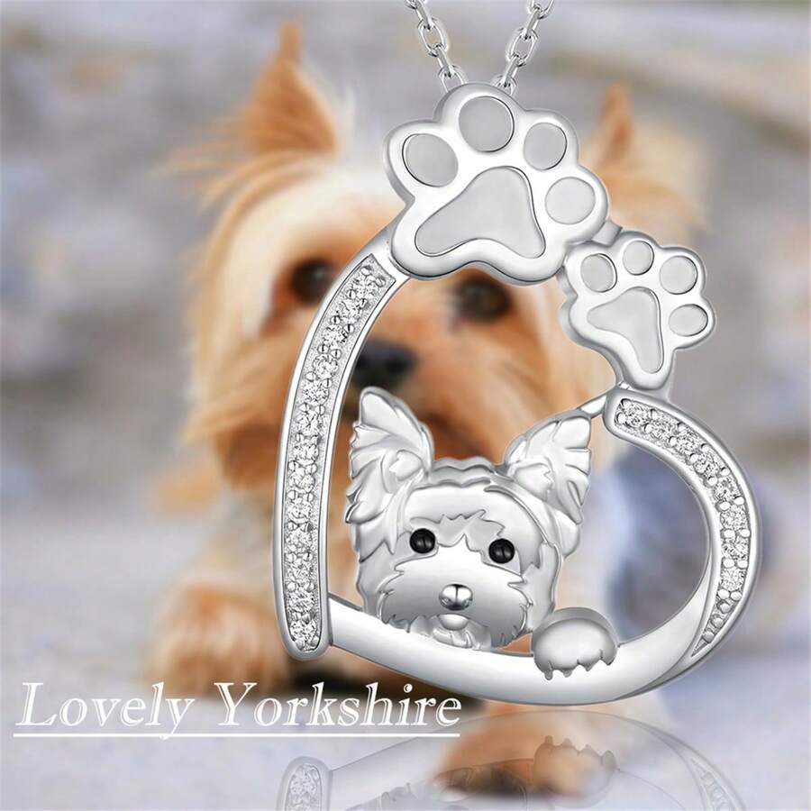 Collar con colgante creativo y encantador de huella de pata de perro Yorkie con forma de corazón para mujeres, joyería de mascotas perro de moda, accesorio animal, decoración única de perro para amantes de los perros, regalo de cumpleaños y San Valentín - Plateado - Ver 1
