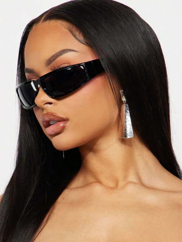 1pc Unisex Black Framed Wrap-Around Shaped Decorative Sunglasses, Y2K Fashion Style Suitable For Daily, Travel, Music Festivals