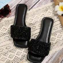 女士一脚蹬水晶钻平底优雅舒适休闲时尚凉鞋 - 黑色 - 查看 2