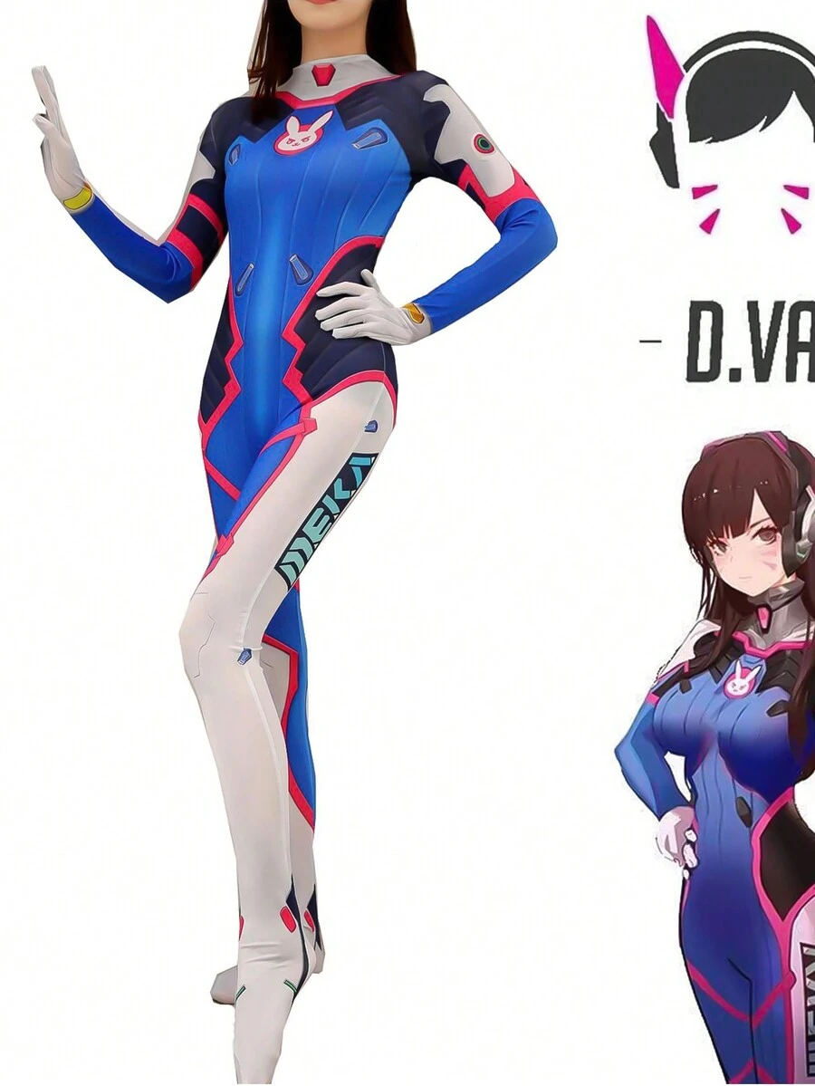 Dva Costume For Women,Temporary Face Tattoos Cosplay,Adult Anime Game Cosplay D.Va Blue Jumpsuit Jumpsuits Women's Outfit Halloween Costumes,Halloween Party Costumes,Cosplay For Women