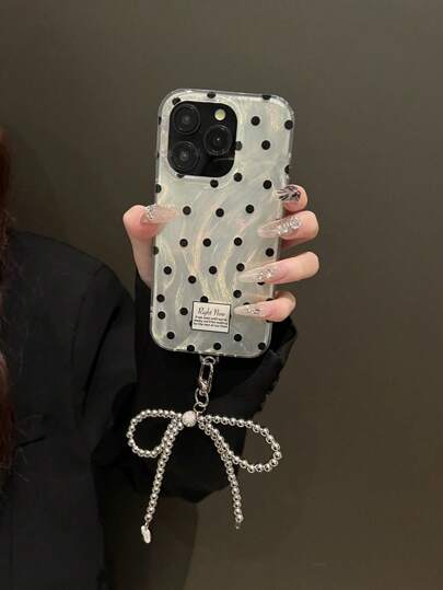 Aesthetic Feather Yarn Black Polka Dot Bowknot Decoration Compatible With IPhone 15 Pro Max/ Compatible With IPhone 15 Pro/ New Spring 14 Pro Max/ Unique 13/ Elegant 14 Pro/ Girlish 12/ Luxury 11 Phone Case Waterproof Shockproof Anti-Fall Scratch Resistant