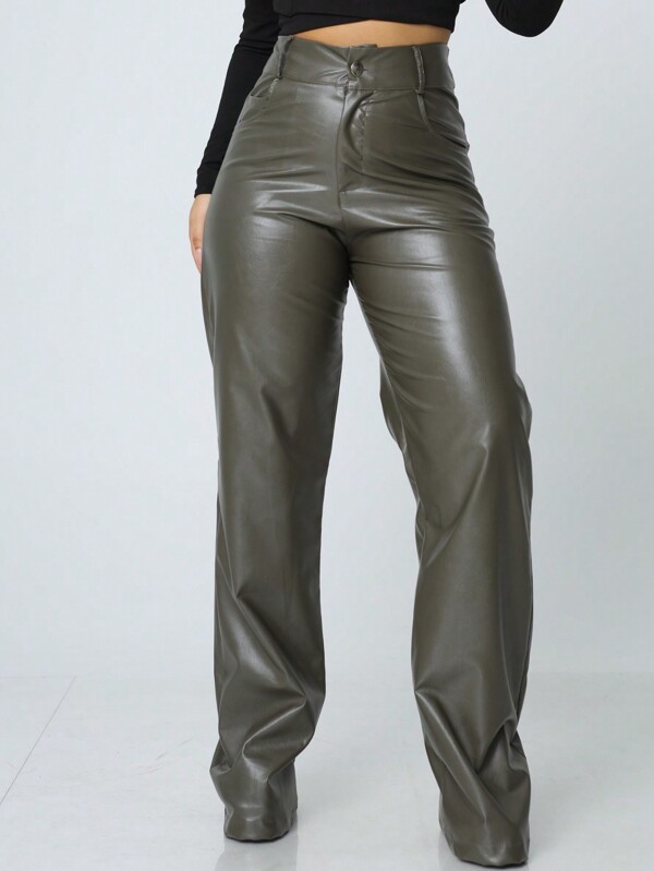 Calça Pantalona Wide Leg Courino Cintura Alta Bolsos