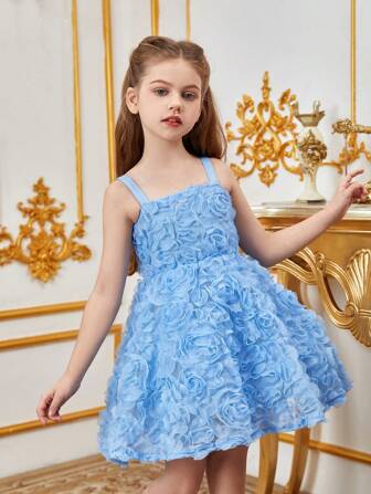 Tween Girl Enfärgad Applique Mesh Flare Strap Party Dress