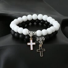 2pcs Vintage Alloy Cross & Drop Oil Crescent Pendant Natural Stone Beaded Friendship Couple Bracelet Set For Men - Black and White - View 7