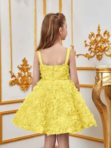 Tween Girl Solid Color Mesh Floral Applique Spaghetti Strap Dress - Yellow - View 2