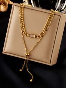 1pc Stainless Steel Double Layer Adjustable Chain Necklace With Gold Plated And Studded Diamond Decor - Gold - View 1