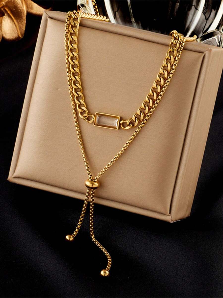 1pc Stainless Steel Double Layer Adjustable Chain Necklace With Gold Plated And Studded Diamond Decor - Gold - View 1