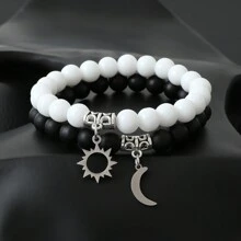 2pcs Vintage Alloy Cross & Drop Oil Crescent Pendant Natural Stone Beaded Friendship Couple Bracelet Set For Men - Black and White - View 1