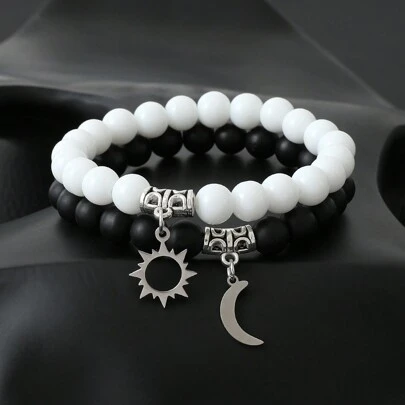 2pcs Vintage Alloy Cross & Drop Oil Crescent Pendant Natural Stone Beaded Friendship Couple Bracelet Set For Men