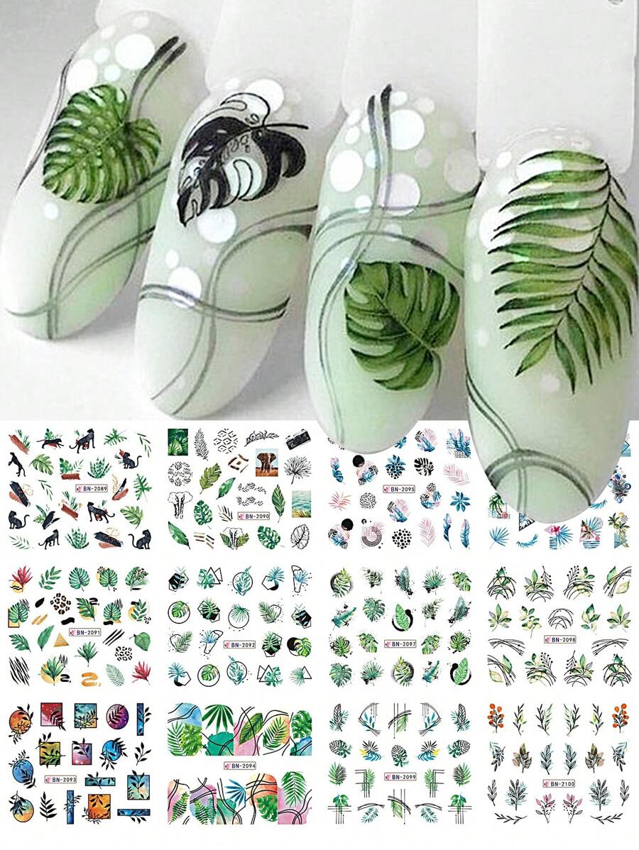12片绿色棕榈叶水转印美甲贴纸 夏季热带植物贴花 水印滑块 美甲装饰贴片 美甲贴纸 DIY美甲用品 - 彩色 - 查看 1