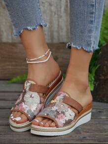 2024新款亮片楔跟女拖鞋 - 棕色 - 查看 2