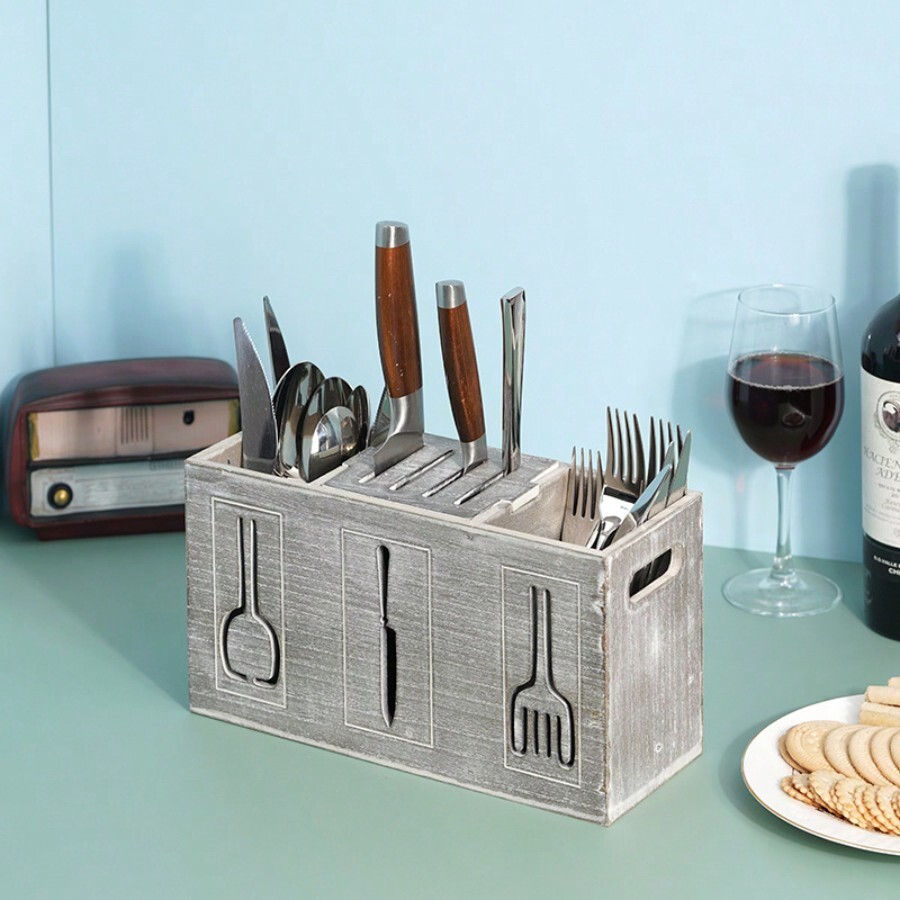Vintage Wooden Cutlery Storage Box With Compartments For Kitchen