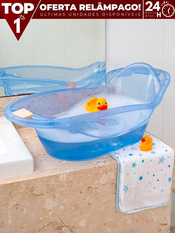 Banheira Grande Decorada Banho Infantil 23L Com Válvula e Suporte de Sabonete Portátil Colorida Ergonômica Resistente Maternidade Banheiro Casa Baby Material Plástico - ENVIO IMEDIATO