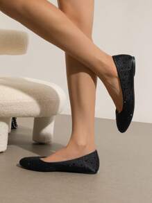 Women's Rhinestone Ballet Flats Glitter Slip-On Elegant Comfortable Round Toe Solid Color Valentines Party Wedding Shoes - Black - View 7