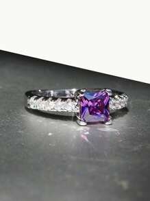 1pc Shiny Fashionable Square Cubic Zirconia Ring, Women's Wedding Engagement Promise Eternal Ring, Anniversary Ring, Birthstone Ring, Daily Ring