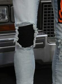 Logeqi® Jeans hombre rotos con parche bordado - Azul - Ver 4