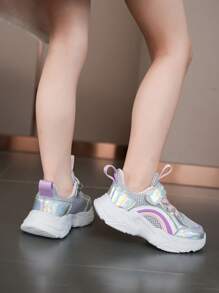 1 Coppia Scarpe casual estive/primaverili per bambine, in maglia arcobaleno e pelle, traspiranti, leggere e confortevoli, scarpe da ginnastica per bambini - Argento - Visualizzare 5