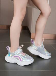 1 Coppia Scarpe casual estive/primaverili per bambine, in maglia arcobaleno e pelle, traspiranti, leggere e confortevoli, scarpe da ginnastica per bambini - Argento - Visualizzare 3