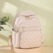 Fashion Outdoor Large Capacity Women Casual Backpack With Texture, Studs And Rivets Design, Multiple Colors To Choose From, Ideal For Students - White - View 3
