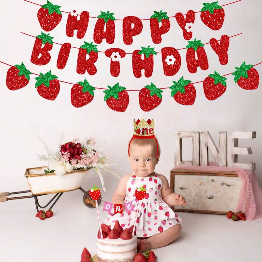 DIY String Glitter Strawberry Birthday Party Decoration Supplies - Strawberry Happy Birthday Sign Banner Bunting Garland Hanging Paper Kit For Strawberry Birthday Theme Party Decorations