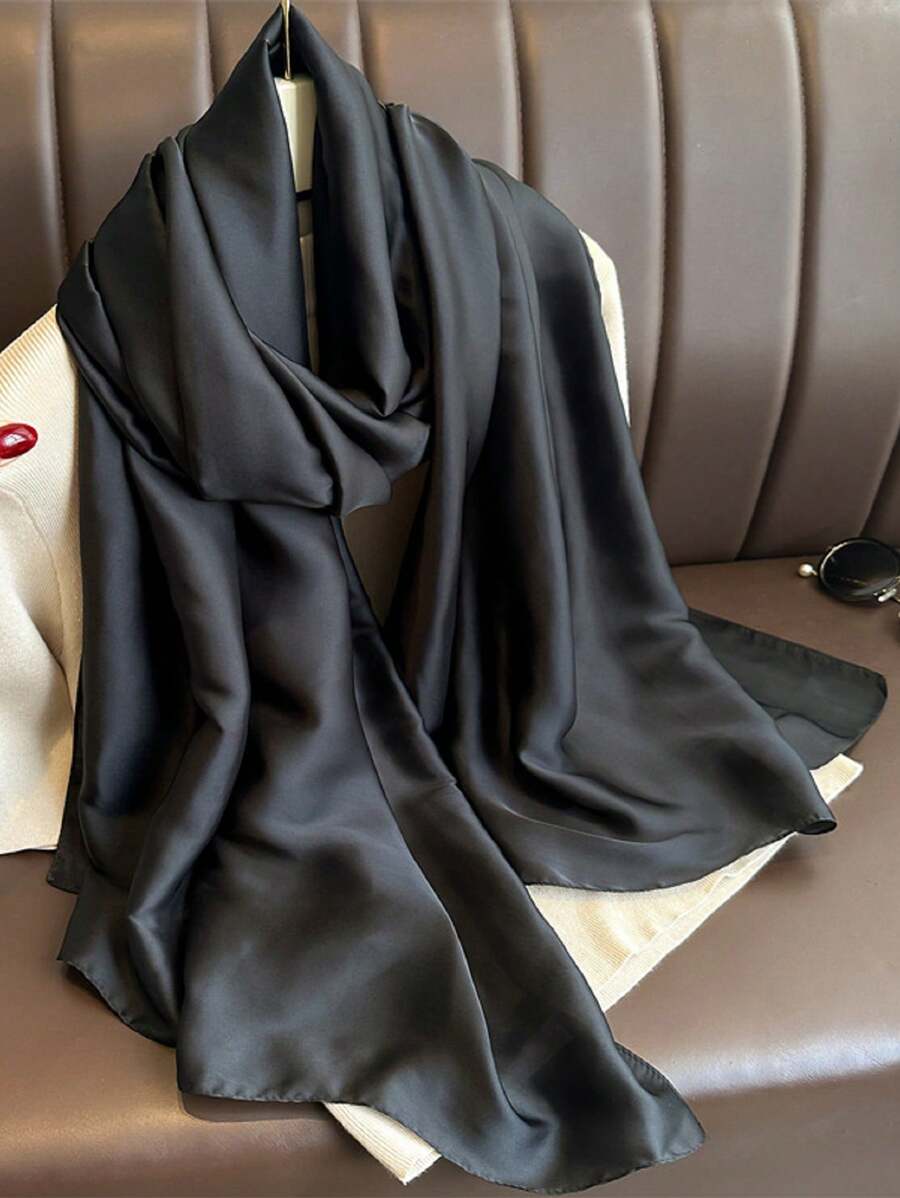New Satin Pure Black Shawl Scarf 1pc Bandana,Hair Band,Head Band Ideal For Dressing Up Your Look - Black - View 1