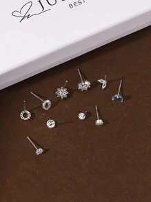 Hihho Set Of 10 New Arrival Classic Fashionable Colorful Cubic Zirconia Simple Design Women Stud Earrings In Gift Box - Silver - View 3