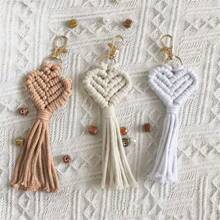 Llaveros hechos a mano de macramé con colgante en forma de corazón para mujeres, anillos de llaves, lindo llavero para auto, accesorios de bodas y regalos. - Albaricoque - Ver 1