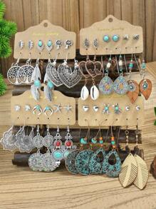 TopHanqi Juego de aretes colgantes de estilo vintage-geométrico con colgante hueco, decorado con turquesa y pedrería, para mujeres, elemento bohemio, para cuatro temporadas
