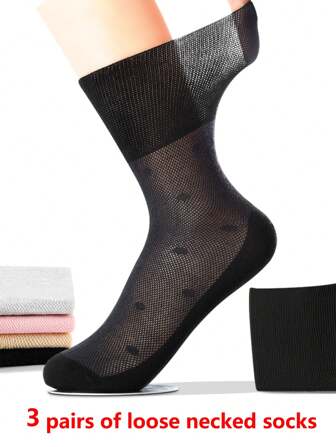 3 Pairs Women Loose Top Breathable Mesh Crew Socks, Solid Color, Summer Stockings For Thick Legs, Pregnant Women, Middle-Aged And Elderly, Fall