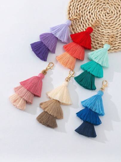 6pcs Mixed Color Three-Layer Tassel Purse Pendant Crochet Pom Poms