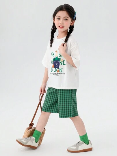 Young Girl 2024 New Summer Cartoon Slogan Print Cute Cool Feeling Short Sleeve T-Shirt & Grid Shorts Casual 2-Piece Set