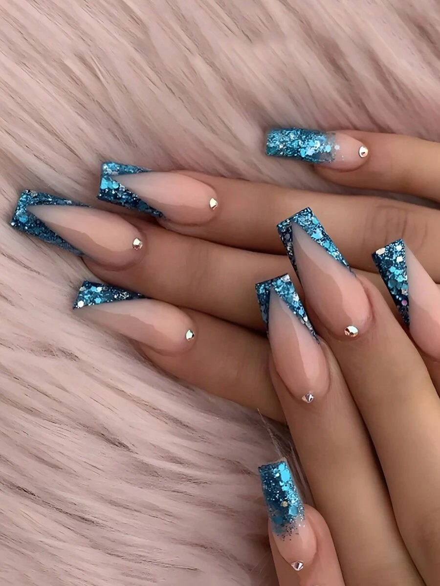 24 件长棺材清洁酷朋克时尚经典蓝色闪光法式水钻装饰全覆盖假指甲，让您魅力四射，适合女性妈妈妻子姐妹青少年女友、情人节、感恩节、角色扮演、旅行、派对、圣诞节、约会、音乐节、适合春季、夏季、秋季、冬季、适合手部和 1 个指甲锉和 1 片指甲果冻胶（随机果冻胶）