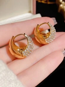 2pcs Vintage French Style Minimalist Rhinestone Encrusted Water Drop Hoop Earrings - Earrings - View 9