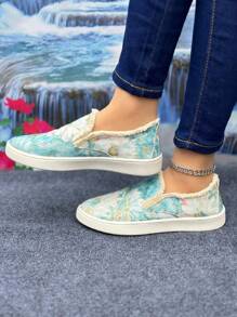 Women Floral Printed Low Top Slip-On Flat Non-Slip Casual Sport Shoes
