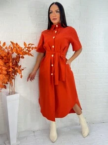 LINEN DRESS WITH BELT SUZI MODA - Red - View 2