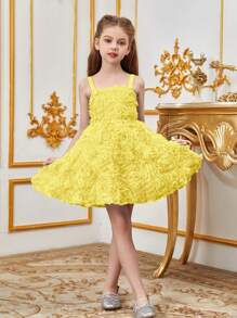 Tween Girl Solid Color Mesh Floral Applique Spaghetti Strap Dress - Yellow - View 3