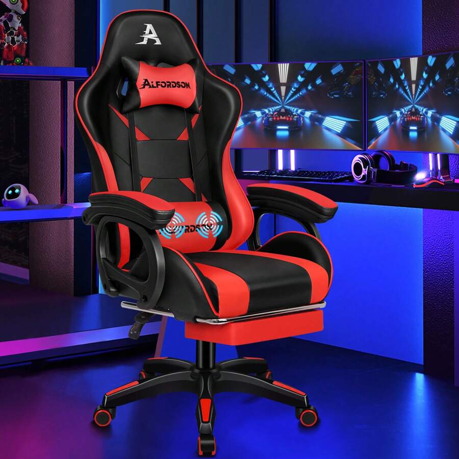 ALFORDSON Silla Gaming, Asiento Gaming con Soporte Lumbar de Masaje, Sillón Giratorio Ergonómico con Reposacabezas, Altura Regulable, PU, Negro